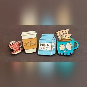 Coffee Themed Pins: Red Filter, To Go Cup, Milk Carton, Death Before Decaf